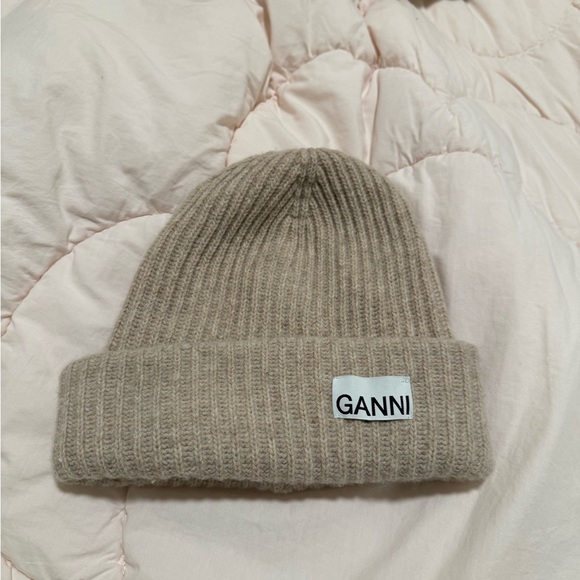 Ganni Beige Wool Ribbed Beanie - Picture 2 of 6